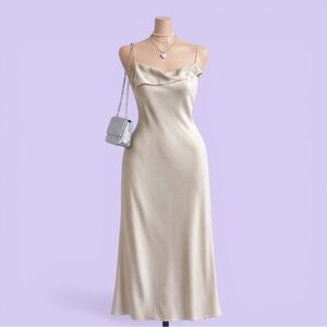 Zara Champagne Satin Cowl Neck Maxi Dress Tie Back Size S Glam Formal Evening